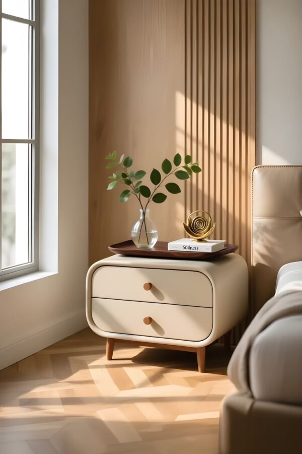 Modern Rounded Cream Side Table with Solid Wood Legs