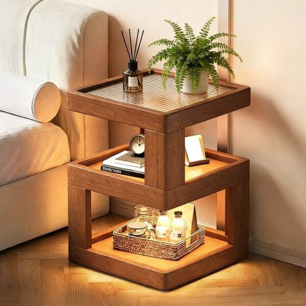 Luxury Natural Oak Tiered End Table with Ribbed Glass Insert