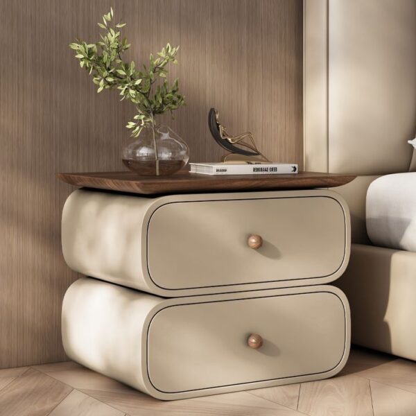 Luxury Curved Cream Bedside Table with Solid Wood Removable Valet Tray Top