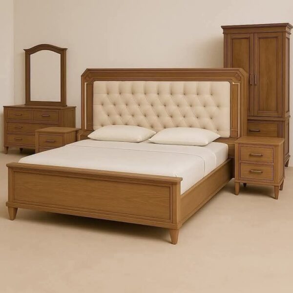 Modern Classic Natural Oak Bed Frame with Tufted Headboard