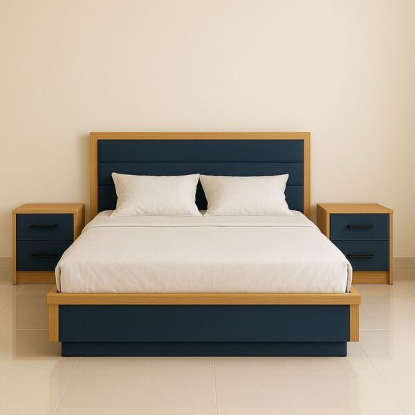 Modern Two-Tone Light Oak Bed Frame with Blue Upholstery